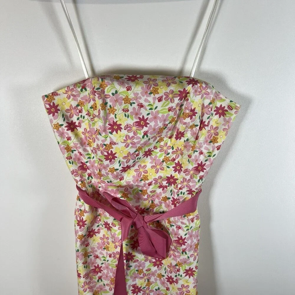 Vtg Lilly Pulitzer Pink Waist‎ Ribbon Tie Floral Lace Strapless Dress EUC Size 4